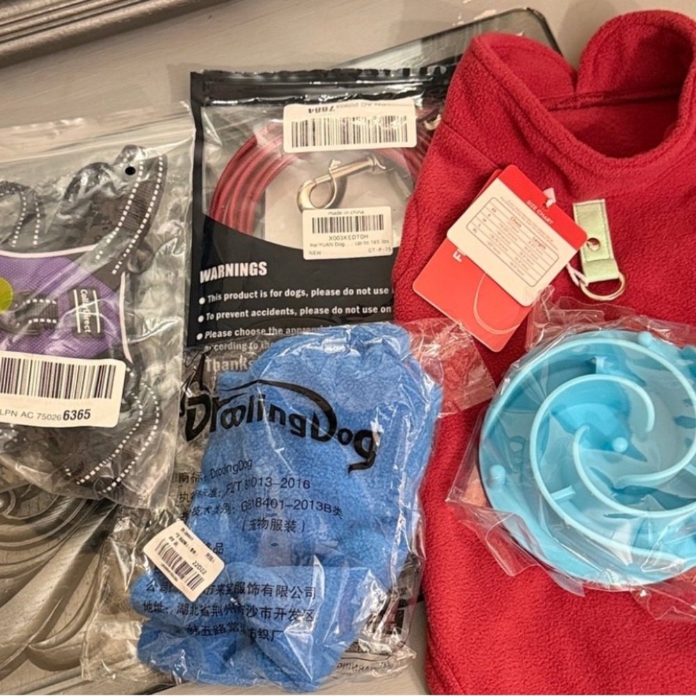 Dog Pet Supply Bundle Fun Feeder Fleece Vests Dog Tie Out